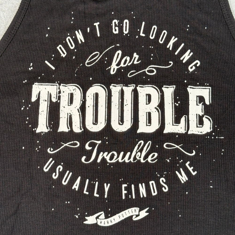 Harry Potter Trouble Usually Finds Me Graphic Tank Top Black XL Ribbed Knit - Picture 2 of 7